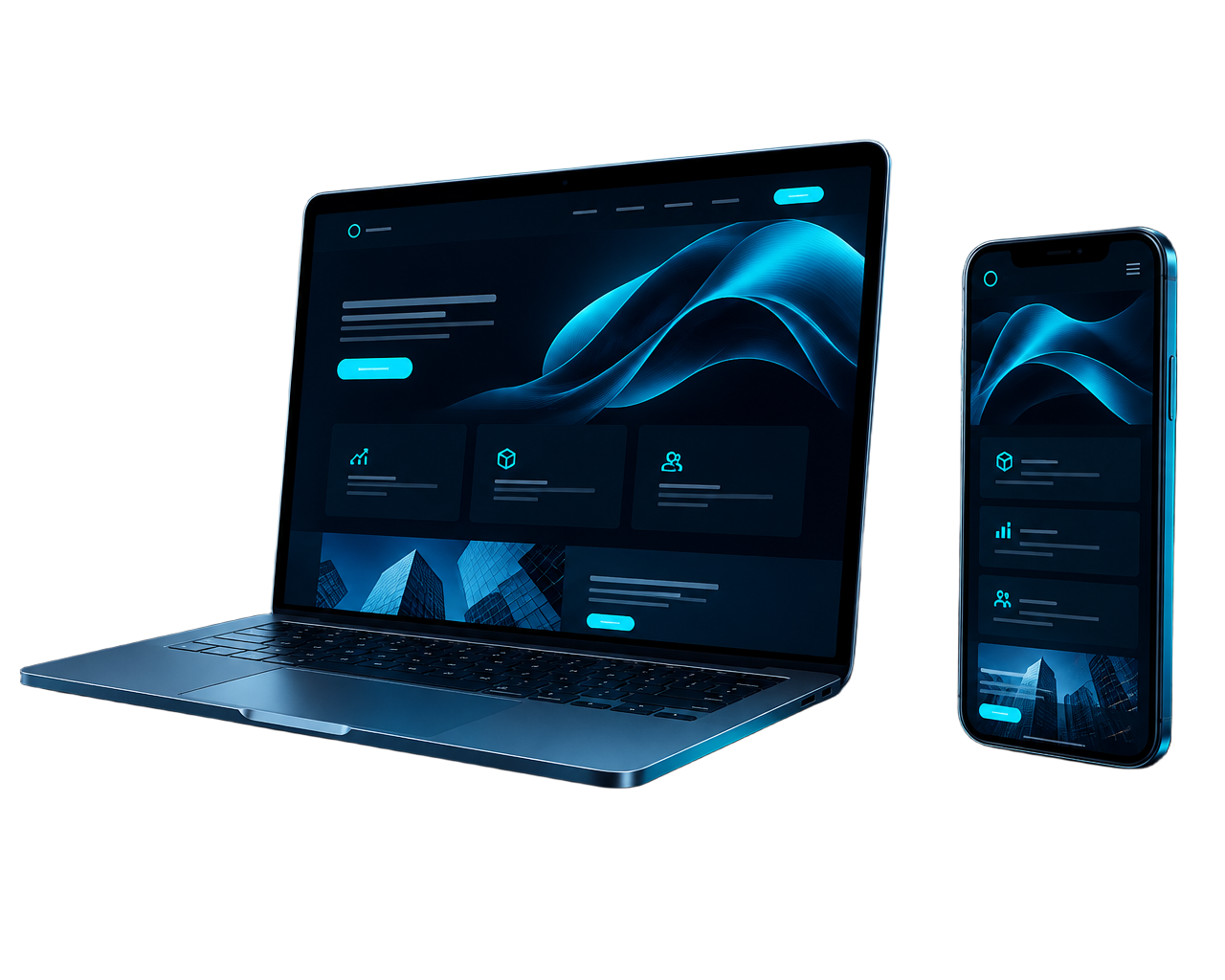 Site profissional exibido em notebook e celular